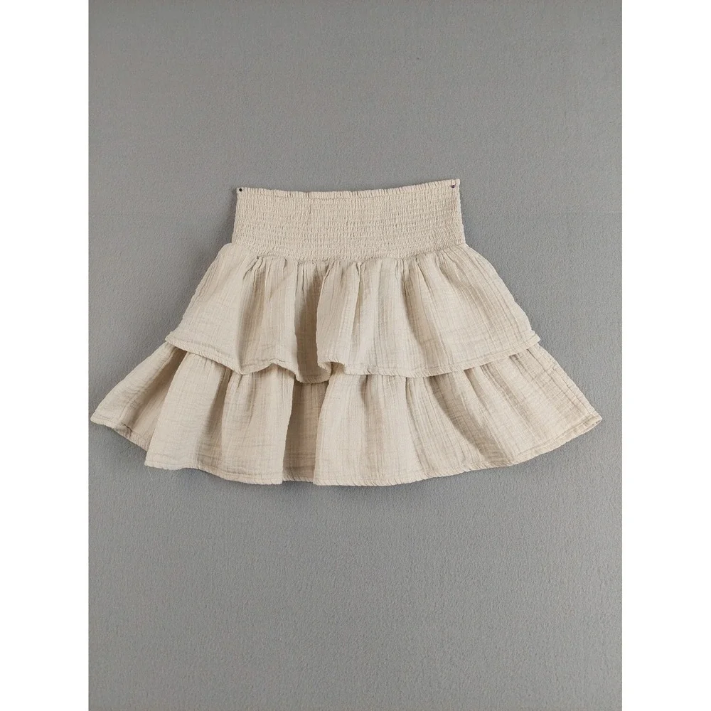 Universal Women Mini Skirt XS Beige 100% Cotton Tiered Ruffle Smocked Waist Boho